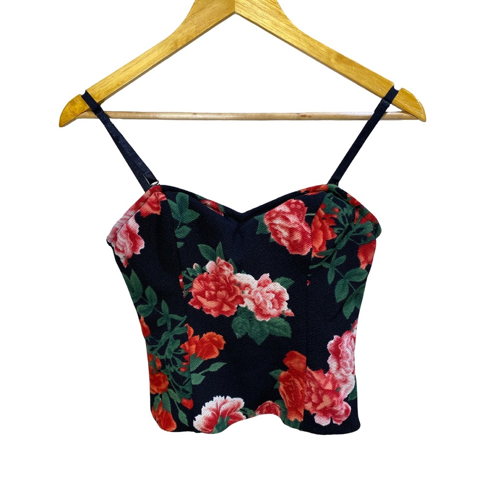 Guess Floral Corset Crop Top Black Red Rose Sweetheart Zip Back Small‎